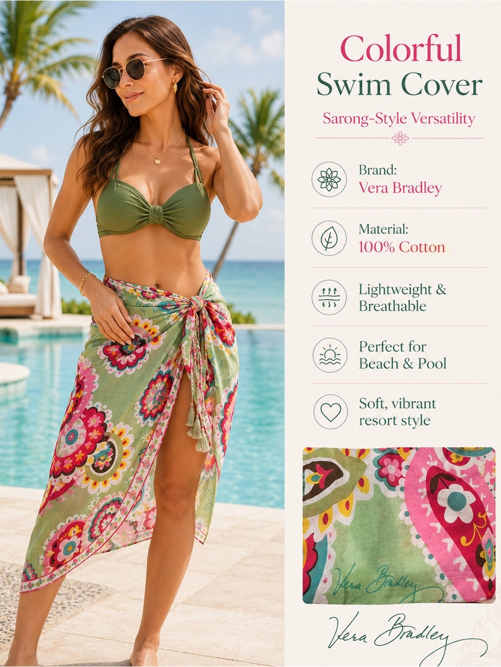 Vera Bradley Multicolor Floral Wrap / Scarf /Swimsuit Cover